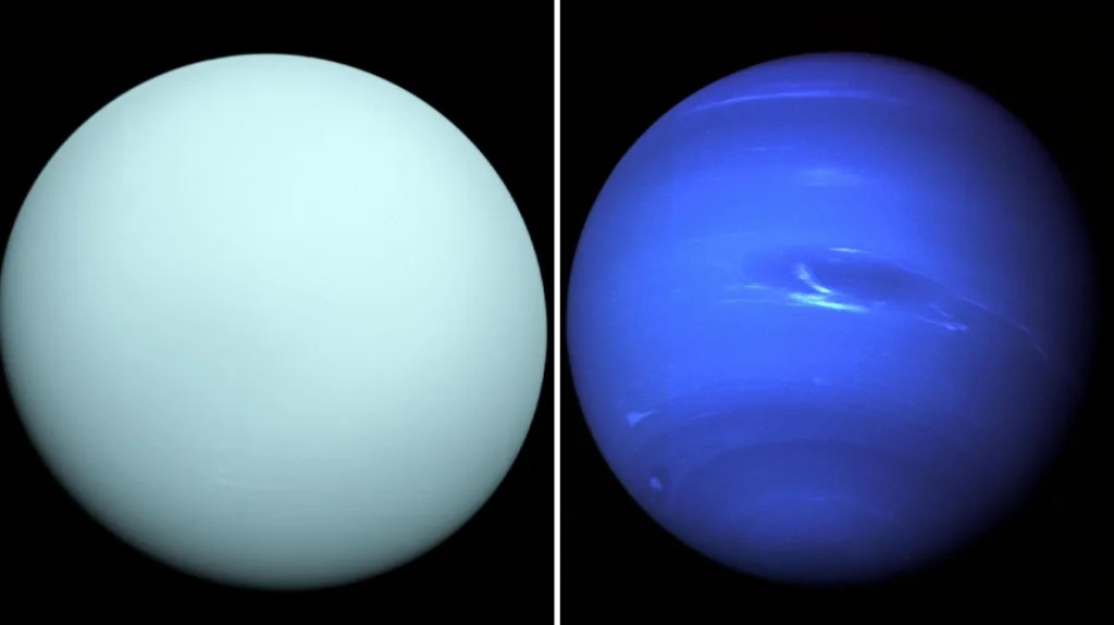Voyager 2 took the first detailed images of Uranus in 1986 (left) and Neptune in 1989. 