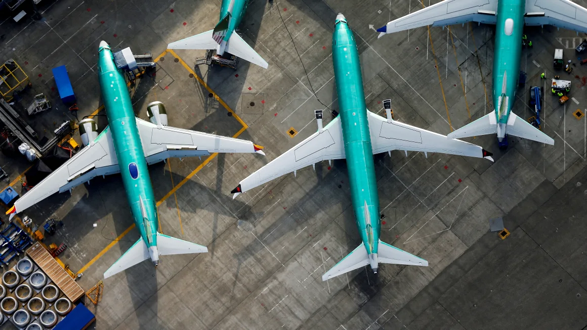 A 2019 aerial photo shows a Boeing 737 Max parked on the tarmac at the Boeing factory in Renton, Washington.  (Credit: Lindsey Wasson/Reuters/File)
