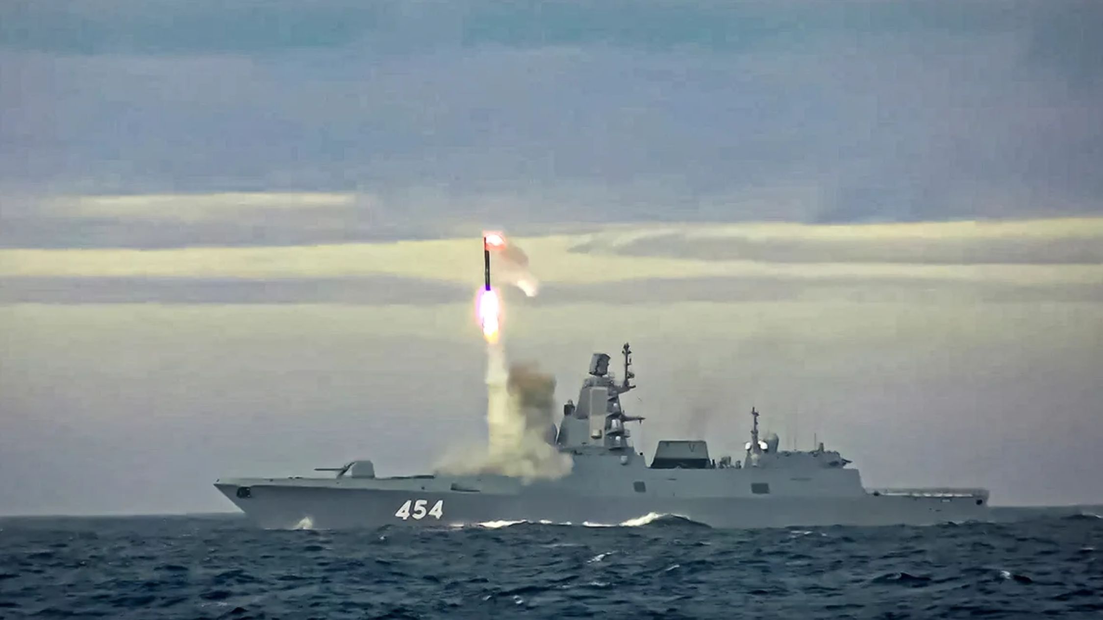In this image taken from a video released by the Russian Defense Ministry in 2022, a Russian Navy frigate launches a Zircon hypersonic cruise missile from the Barents Sea.  (Credit: Press Service of the Russian Defense Ministry/AP)
