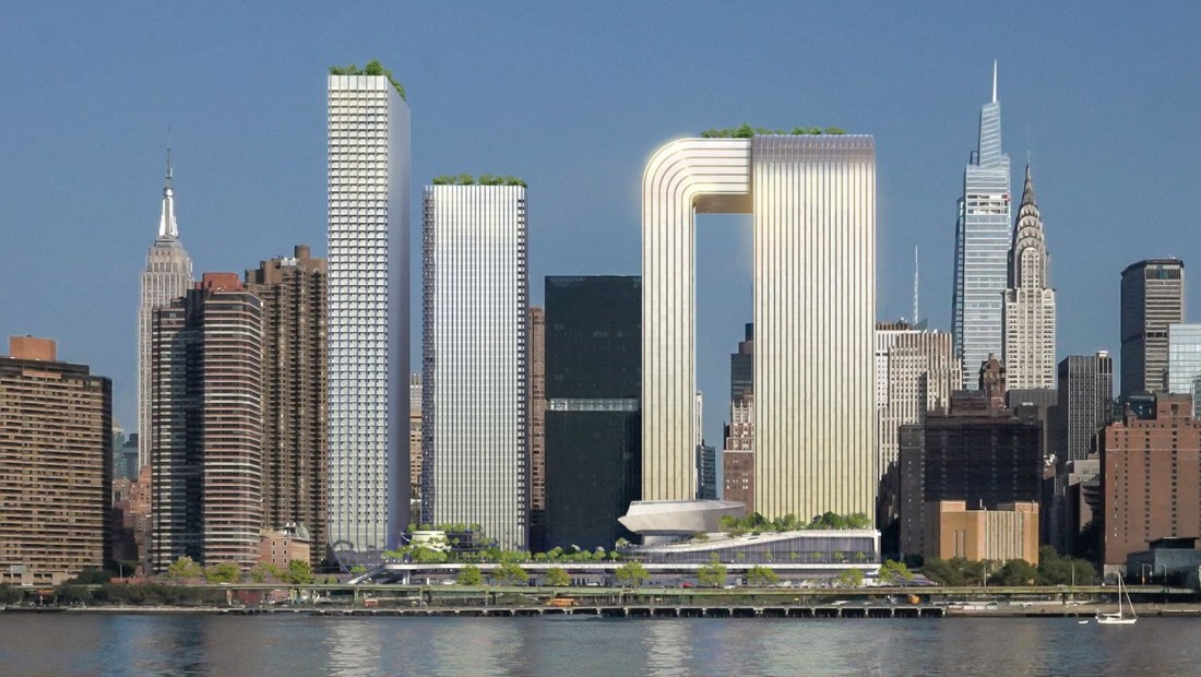 La propuesta de Freedom Plaza muestra que el proyecto en su conjunto contaría con cuatro rascacielos, un museo y acres de espacio público junto al East River. (Crédito: BIG)