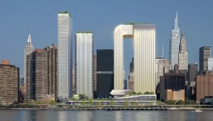 La propuesta de Freedom Plaza muestra que el proyecto en su conjunto contaría con cuatro rascacielos, un museo y acres de espacio público junto al East River. (Crédito: BIG)