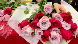 Una mujer arregla flores compradas el día de San Valentín en Whole Foods Market en Annapolis, Maryland, el 14 de febrero de 2023. (Foto de JIM WATSON/AFP vía Getty Images)