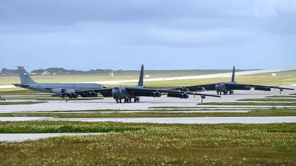 U.S. Air Force B-52H Stratofortress bombers taxi for takeoff at Andersen Air Force Base, Guam, Feb. 14, 2024.  (Credit: Master Sergeant Amy Pickard/U.S. Air Force.)