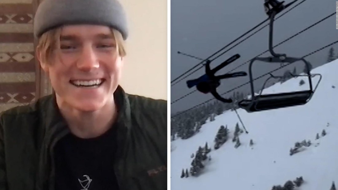 Una telesilla interrumpe un truco aéreo de un esquiador