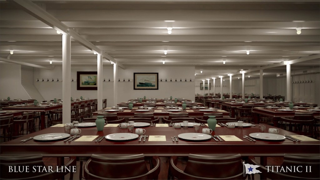 An animated depiction of Titanic II's third-class dining room, where guests can order stews and mash.  (Courtesy: Blue Star Line).