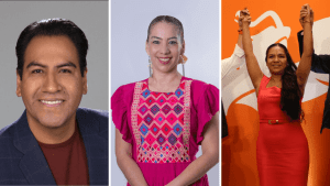 Oscar Eduardo Ramírez Aguilar, Olga Luz Espinosa y Karla Irasema Muñoz, candidatos al Gobierno de Chiapas en las elecciones 2024.