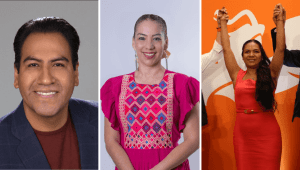 Oscar Eduardo Ramírez Aguilar, Olga Luz Espinosa y Karla Irasema Muñoz, candidatos al Gobierno de Chiapas en las elecciones 2024.