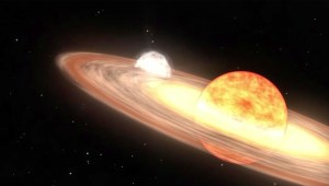Una estrella gigante roja y una enana blanca orbitan entre sí en la ilustración de una nova de la NASA. (NASA/Laboratorio de Imagen Conceptual/Centro de Vuelos Espaciales Goddard)