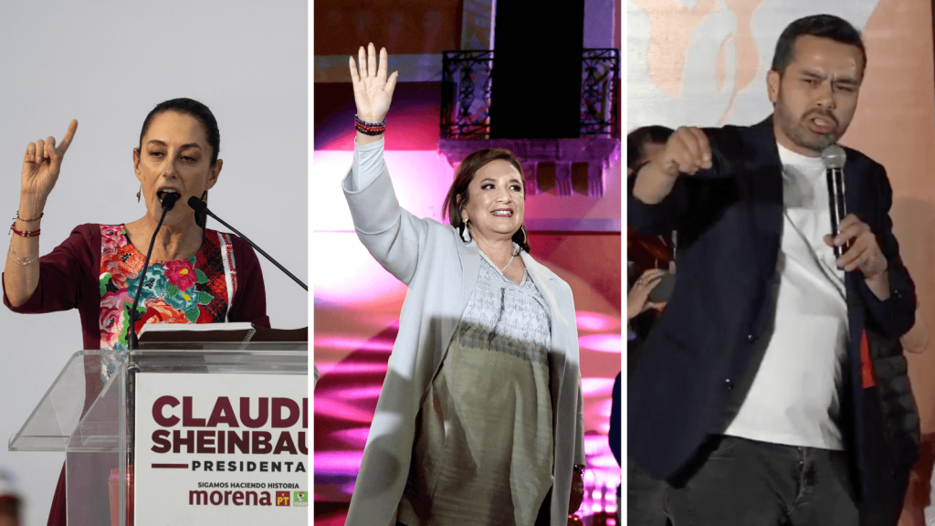 Claudia Sheinbaum, Xóchitl Gálvez y Jorge Álvarez Máynez en sus respectivos eventos de arranque de campaña presidencial el 1 de marzo de 2024.
