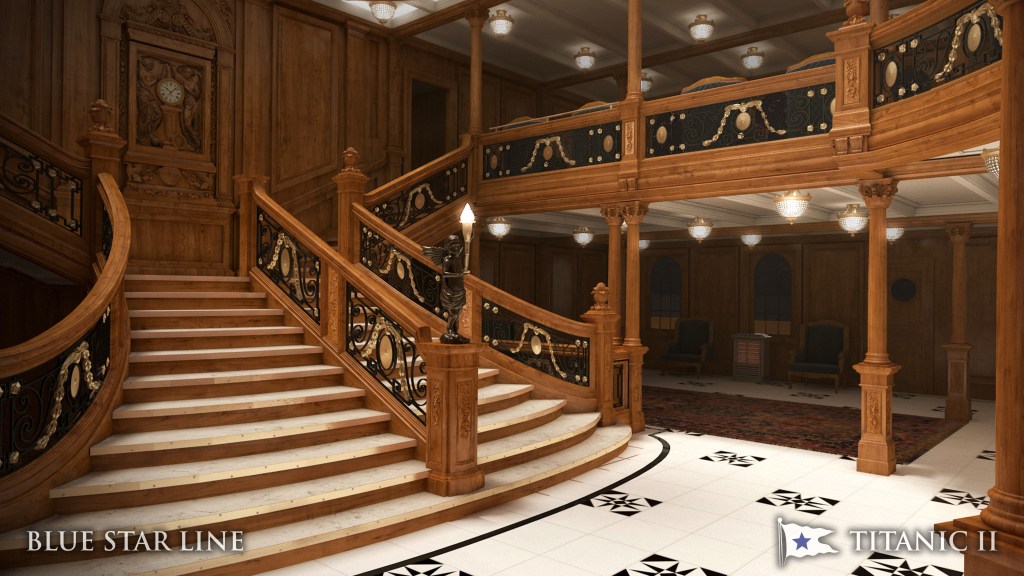 According to a plan seen in an animation, the cruise ship replica will have a large staircase.  (Courtesy: Blue Star Line).