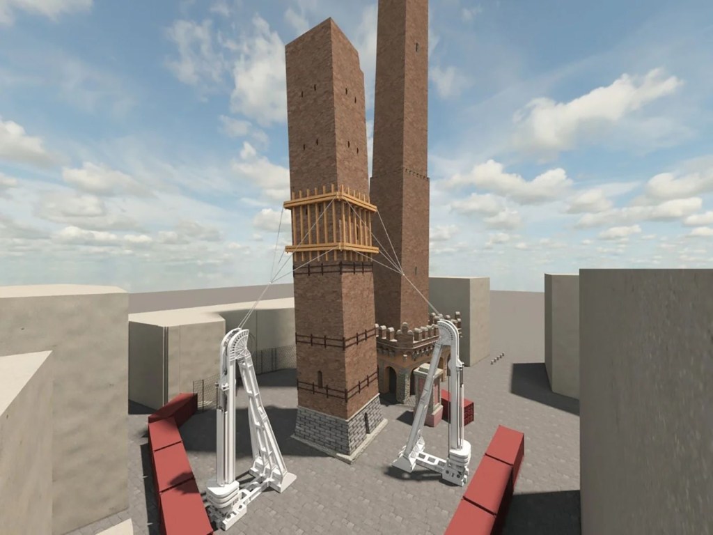 Representación que muestra cómo se utilizarán los equipos de la Torre de Pisa en la torre Garisenda. (Foto: Municipio de Bolonia).
