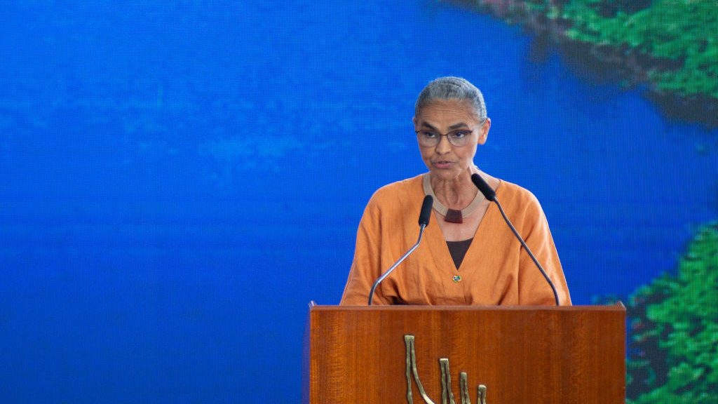 Environment Minister Marina Silva speaks during an event to mark International Amazon Rainforest Day at the Salan Nobre of the Planalto Government Palace on September 5, 2023 in Brasilia, Brazil.  (Photo: Andressa Anholete/Getty Images)