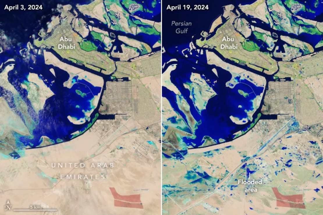 Satellite images of Abu Dhabi before (left) and after (right) the historic floods.  (Credit: NASA)