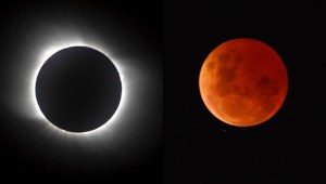 Eclipse solar en Pucón, Chile, el 14 de diciembre de 2020; y eclipse lunar en Melbourne, Australia, el 8 de noviembre de 2022. (Crédito: Darrian Traynor/Getty Images y MARTIN BERNETTI/AFP vía Getty Images)