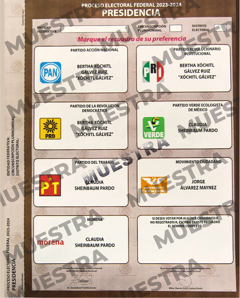 <strong> Boleta de muestra para la elección presidencial 2024 en México. Imagen: INE</strong>   