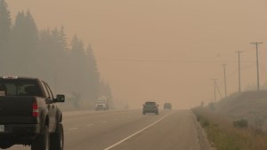 El tráfico en la autopista 1 atraviesa el denso humo del cercano incendio forestal Bush Creek East en Sorrento, Columbia Británica, el 20 de agosto de 2023. (Foto de PAIGE TAYLOR WHITE/AFP vía Getty Images)