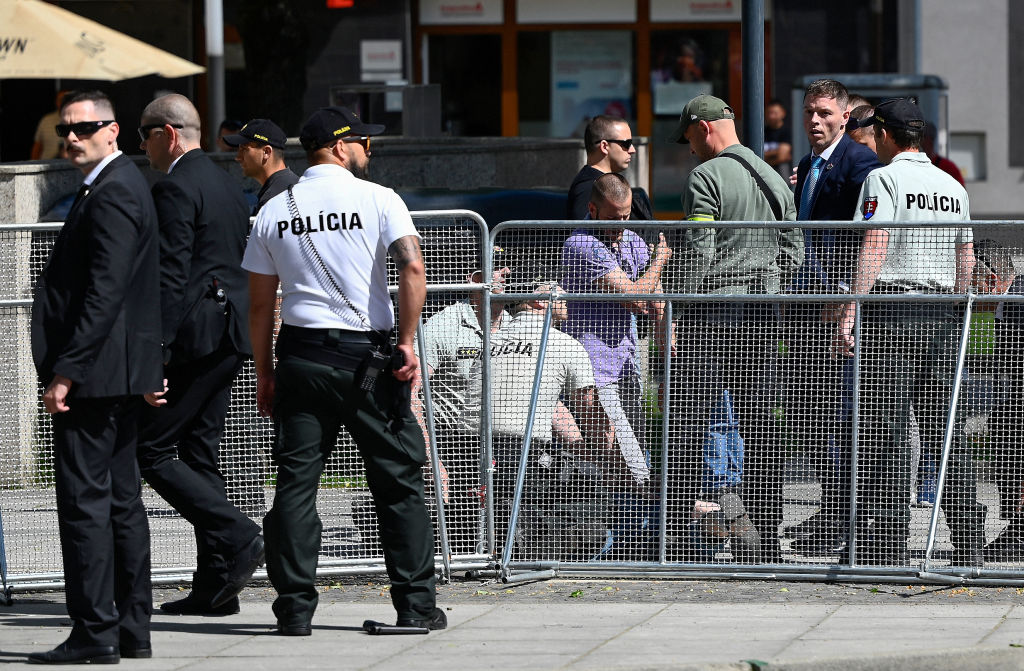 Security personnel detain a suspected attacker after the Slovak Prime Minister was shot in Handelova, Slovakia, on May 15, 2024. (Credit: AFP via Getty Images)