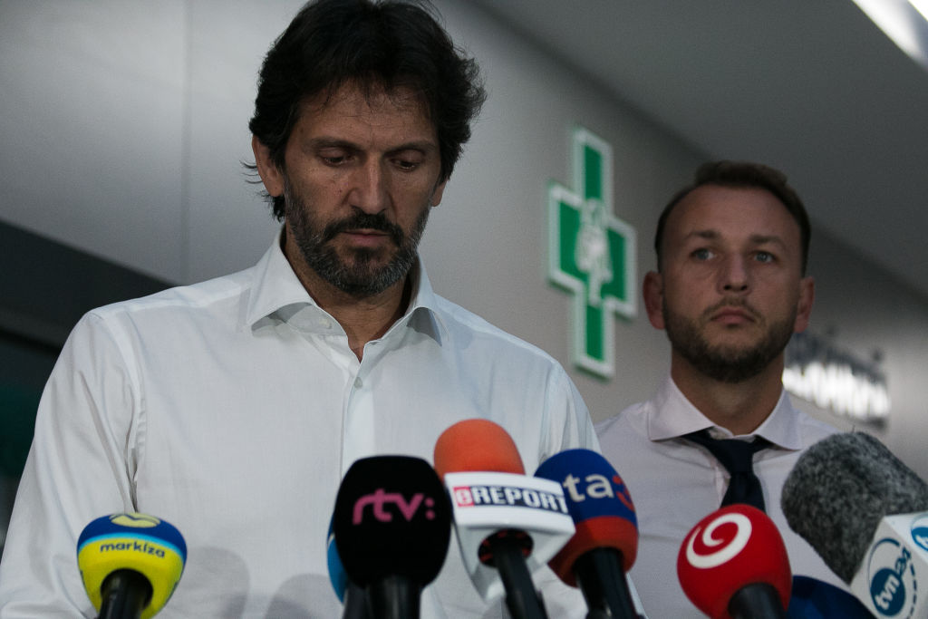 Defense Minister Robert Kalinac (left) and Interior Minister Matos Sutaj Stock (right) speak to the media at the FD Roosevelt Teaching Hospital of the Banská Bystrica clinic, where the Prime Minister of Slovakia, Robert Fico, was transferred with life-threatening injuries on May 15, 2024 in Banska Bystrica, Slovakia.  (Image source: Zuzana Gogova/Getty Images)