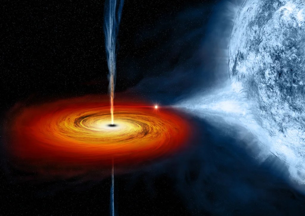 En una ilustración artística, un agujero negro extrae material de una estrella compañera, formando un disco que gira alrededor del agujero negro antes de caer en él. (NASA/CXC/M. Weiss)