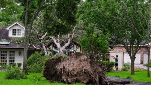 Un árbol caído daña una casa después de que fuertes vientos y lluvias azotaran la región en Houston, Texas, el viernes. (Logan Riely/Getty Images)