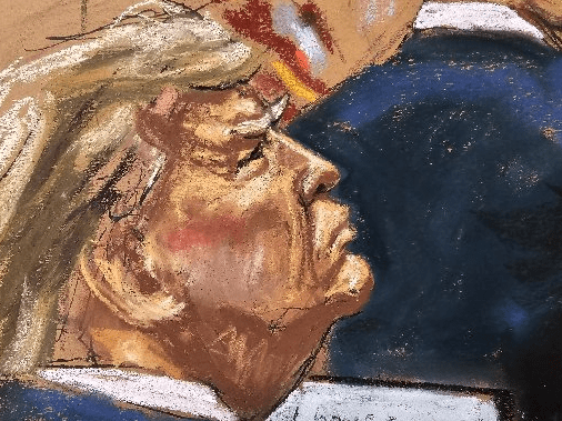 Szkic Donalda Trumpa podczas procesu o ciche pieniądze.  (Źródło: Jane Rosenberg)