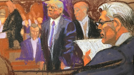 No se permitieron cámaras dentro de la sala del tribunal de Manhattan cuando se leyó el veredicto en el juicio por dinero en secreto de Donald Trump, pero los dibujantes capturaron la escena. (Foto:hristine Cornell).