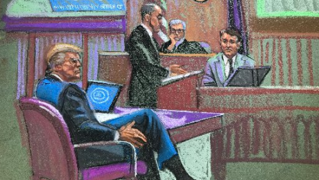 Sketch de Donald Trump durante el juicio de pago de dinero por silencio. (Crédito: Jane Rosenberg)