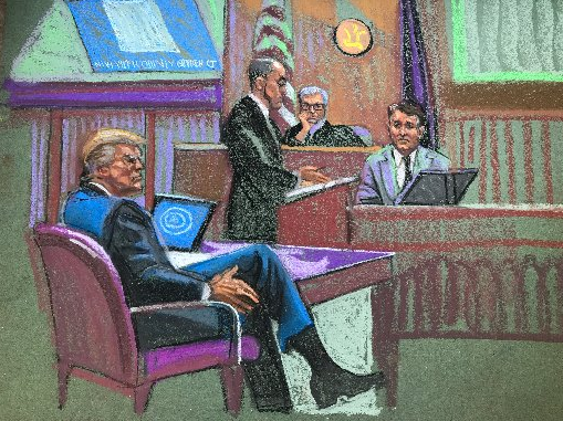 Sketch de Donald Trump durante el juicio de pago de dinero por silencio. (Crédito: Jane Rosenberg)
