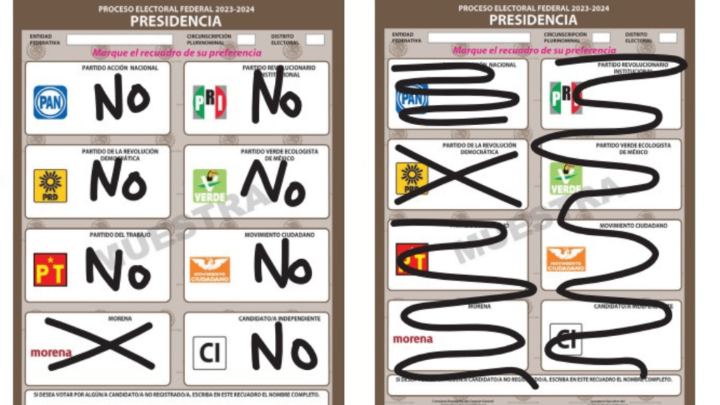Ejemplos de boletas que tienen marcadas dos o más casillas de partidos que no van en coalición, pero que son considerados válidos por el Instituto Nacional Electoral. (Crédito: INE)