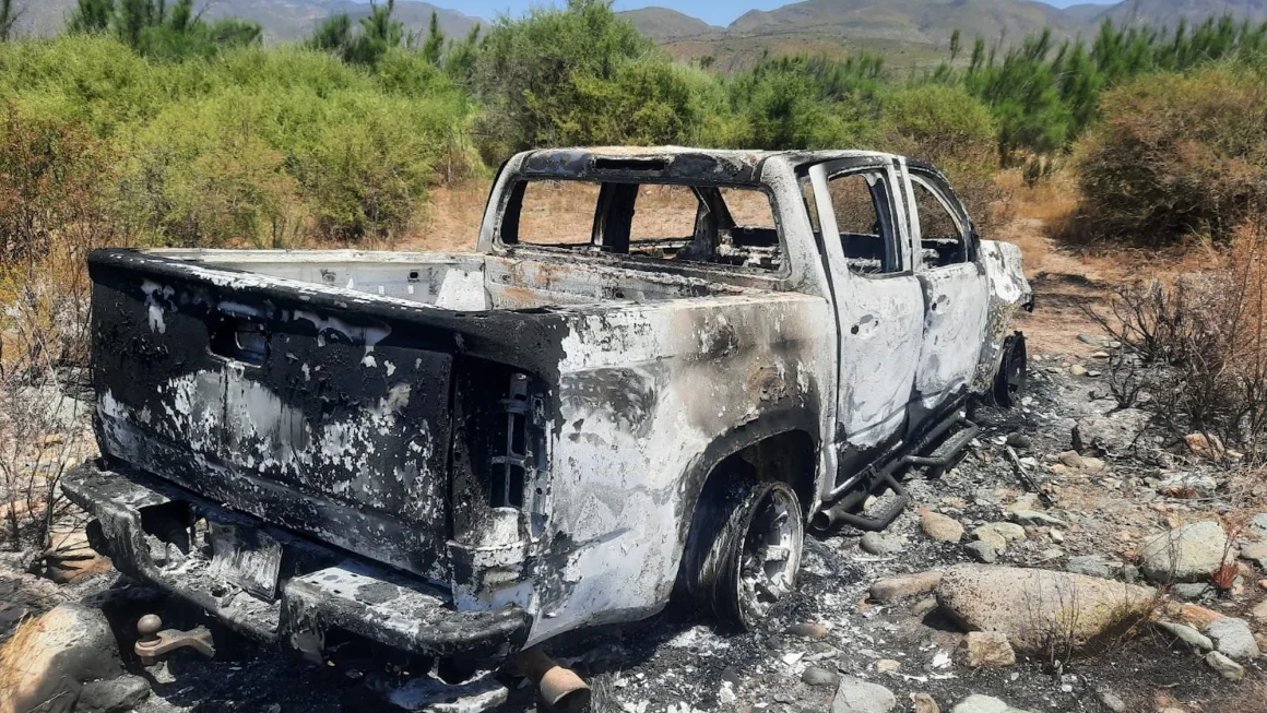 According to a local police source, a white pickup truck burned in a field in Santo Tomas is the same car that two Australians and an American were driving before they disappeared.  (Credit: Patrol 646)