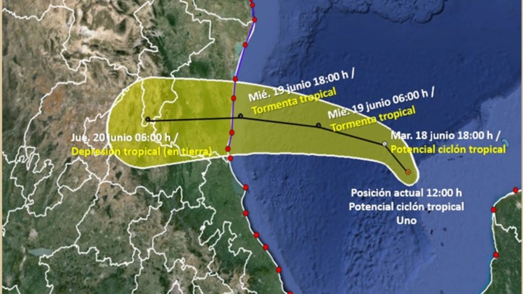 Así pronostica el SMN de México la trayectoria del ciclón tropical en potencia. (Crédito: SMN)