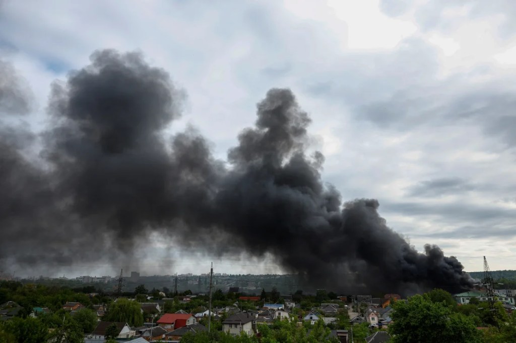 Smoke rises after a Russian missile strike in Kharkiv on May 17. Valentyn Ogirenko/Reuters