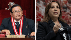 Jorge Luis Salas Arenas, presidente del Jurado Nacional de Elecciones y la presidenta de Perú, Dina Boluarte. (Crédito: Getty Images)