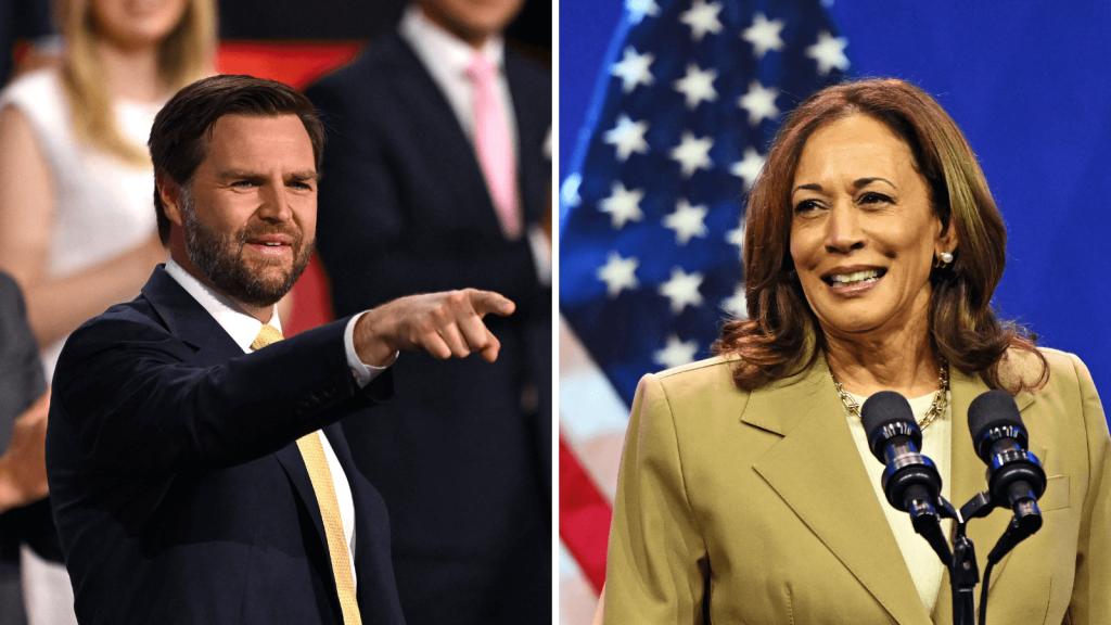 El candidato a vicepresidente J. D. Vance y la vicepresidenta Kamal Harris. (Crédito: Getty Images)