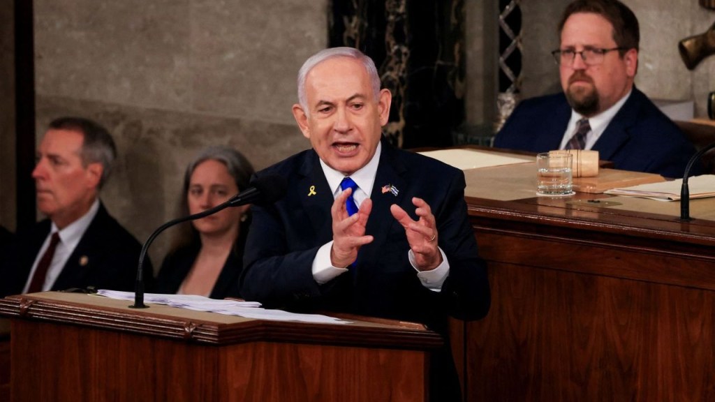 El primer ministro de Israel, Benjamin Netanyahu, se dirige a una reunión conjunta del Congreso en Washington el 24 de julio. (Kevin Mohatt/Reuters)