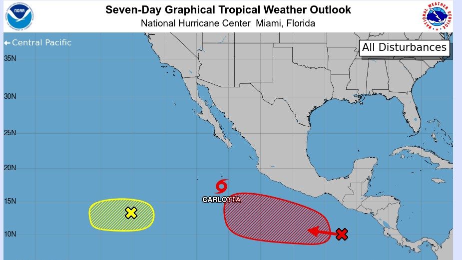 Tormenta tropical Carlotta avanza en el Pacífico. (Crédito NHC).