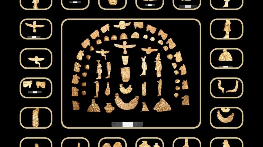 Durante una excavación en una necrópolis de Damietta, Egipto, arqueólogos descubrieron un tesoro de objetos de oro, entre ellos numerosas figuras de papel de aluminio que representaban símbolos religiosos e ídolos del antiguo Egipto. (Crédito: Ministerio de Turismo y Antigüedades de Egipto)