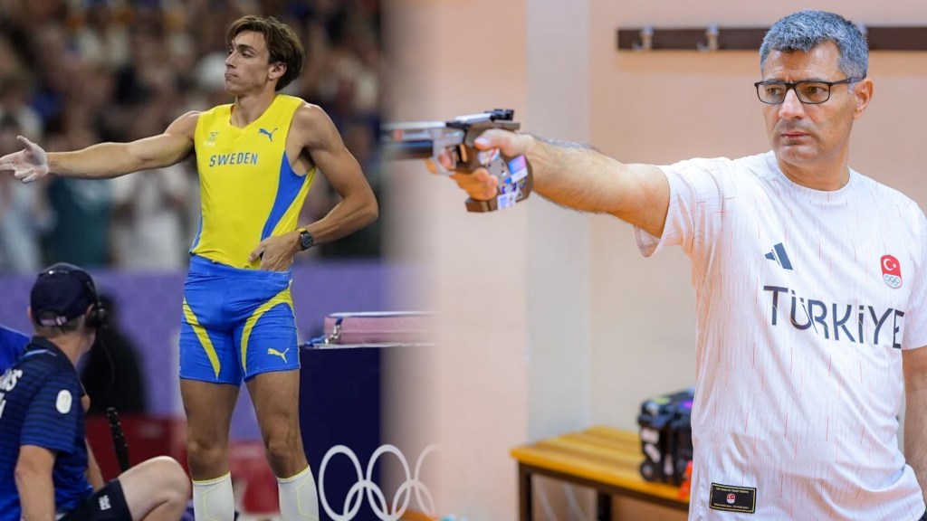 Así imitaron Duplantis y otros atletas olímpicos la pose del tirador turco Yusuf Dikeç en París 2024