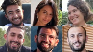 Fila superior, de izquierda a derecha: Hersh Goldberg-Polin, Eden Yerushalmi y Carmel Gat. Fila inferior, desde la izquierda: Ori Danino, Almog Sarusi y Alex Lobanov. (Créditos: cortesía de la familia Goldberg-Polin/cortesía de la familia Gat/Foro de Familias de Rehenes y Desaparecidos)