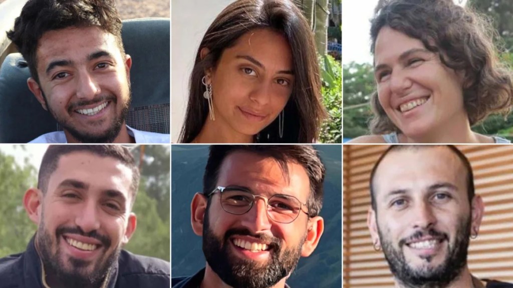 Fila superior, de izquierda a derecha: Hersh Goldberg-Polin, Eden Yerushalmi y Carmel Gat. Fila inferior, desde la izquierda: Ori Danino, Almog Sarusi y Alex Lobanov. (Créditos: cortesía de la familia Goldberg-Polin/cortesía de la familia Gat/Foro de Familias de Rehenes y Desaparecidos)